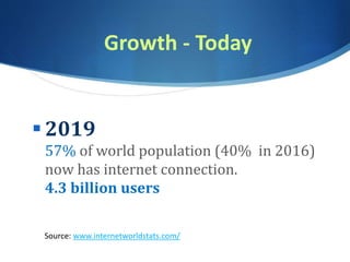 Growth - Today
 2019
57% of world population (40% in 2016)
now has internet connection.
4.3 billion users
Source: www.internetworldstats.com/
 