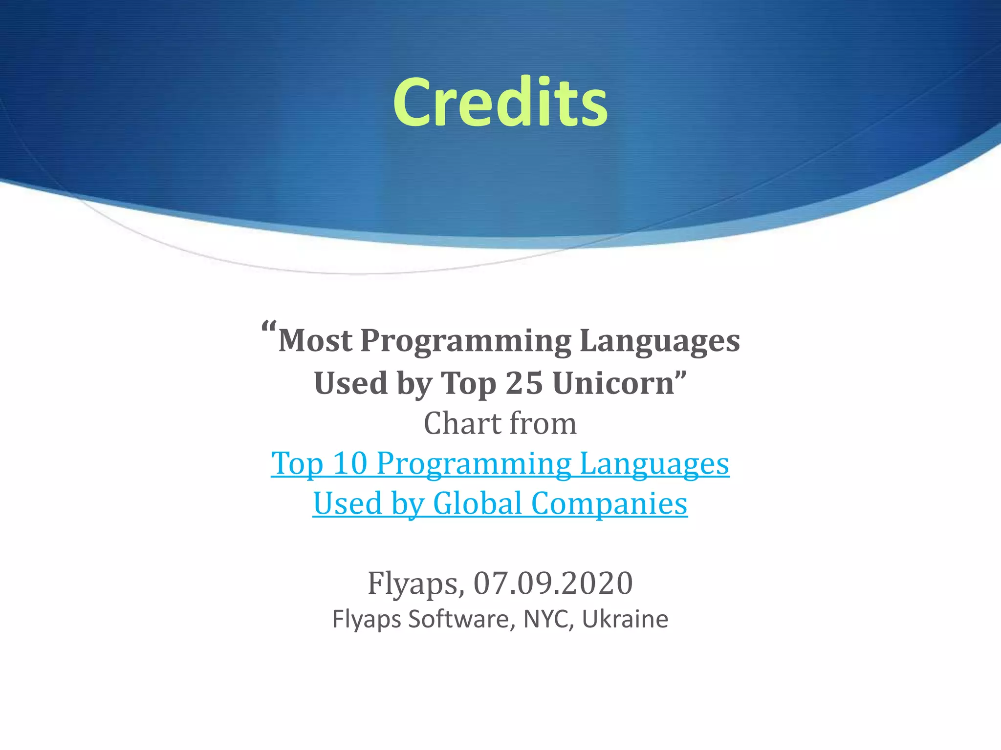 Credits “Most Programming Languages Used by Top 25 Unicorn” Chart from Top 10 Programming Languages Used by Global Companies Flyaps, 07.09.2020 Flyaps Software, NYC, Ukraine 