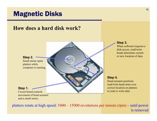 16
Magnetic Disks
How does a hard disk work?

                                                                    Step 3.
                                                                    When software requests a
                                                                    disk access, read/write
                                                                    heads determine current
      Step 2.                                                       or new location of data.
      Small motor spins
      platters while
      computer is running.


                                                            Step 4.
                                                            Head actuator positions
                                                            read/write head arms over
   Step 1.                                                  correct location on platters
   Circuit board controls                                   to read or write data.
   movement of head actuator
   and a small motor.

platters rotate at high speed: 5400 – 15000 revolutions per minute (rpm) – until power
                                                                           is removed
 