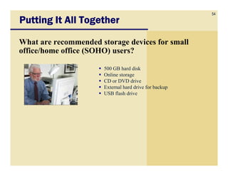 54
Putting It All Together

What are recommended storage devices for small
office/home office (SOHO) users?

                       500 GB hard disk
                       Online storage
                       CD or DVD drive
                       External hard drive for backup
                       USB flash drive
 