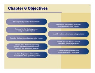 2
Chapter 6 ObjectivesChapter 6 ObjectivesChapter 6 ObjectivesChapter 6 Objectives
Identify the types of system softwareIdentify the types of system software
Summarize the startup process
on a personal computer
Summarize the startup process
on a personal computer
Summarize the features of several
stand-alone operating systems
Summarize the features of several
stand-alone operating systems
Identify various network operating systemsIdentify various network operating systems
Discuss ways that some operating
systems help administrators control a
network and administer security
Discuss ways that some operating
systems help administrators control a
network and administer security
Explain the purpose of the utilities
included with most operating systems
Explain the purpose of the utilities
included with most operating systems
Identify devices that use several
embedded operating systems
Identify devices that use several
embedded operating systems
Explain the purpose of several
stand-alone utility programs
Explain the purpose of several
stand-alone utility programs
Describe the functions of an operating systemDescribe the functions of an operating system
 
