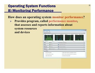 25
Operating System FunctionsOperating System FunctionsOperating System FunctionsOperating System Functions
8) Monitoring Performance
How does an operating system monitor performance?
Provides program, called performance monitor,
that assesses and reports information about
system resources
and devices
 