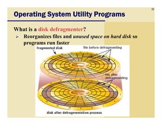 33
Operating System Utility ProgramsOperating System Utility ProgramsOperating System Utility ProgramsOperating System Utility Programs
What is a disk defragmenter?
Reorganizes files and unused space on hard disk so
programs run faster
 