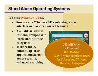 43
Successor to Windows XP, containing a new
interface and new / enhanced features
StandStandStandStand----Alone Operating SystemsAlone Operating SystemsAlone Operating SystemsAlone Operating Systems
What is Windows Vista?
Available in several
editions, grouped into
Home and BusinessHome and Business
categories
More reliable,
efficient, quicker
application starter,
better security,
enhanced searching,…
512 MB RAM
for Vista Basic,
1GB RAM &
128MB video/graphic memory
for V Premium, Ultimate,
Business, Enterprise
 