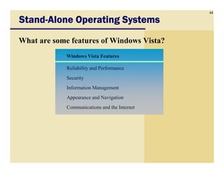 44
Windows Vista Features
Reliability and Performance
Security
Information Management
StandStandStandStand----Alone Operating SystemsAlone Operating SystemsAlone Operating SystemsAlone Operating Systems
What are some features of Windows Vista?
Information Management
Appearance and Navigation
Communications and the Internet
 