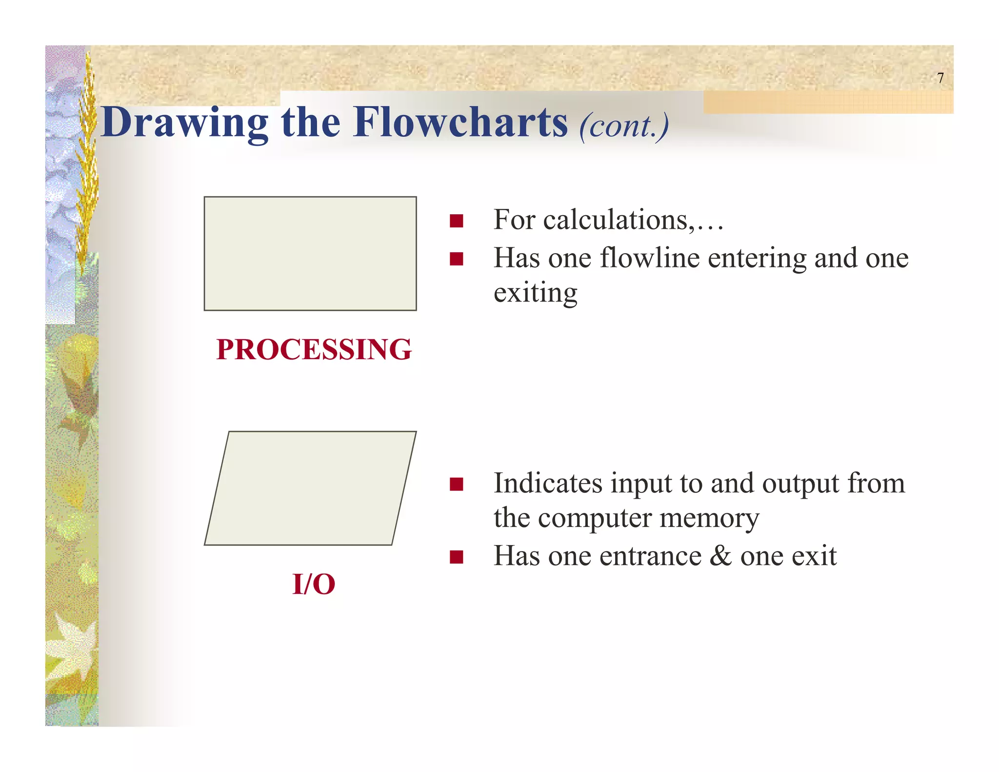 7
Drawing the Flowcharts (cont.)
For calculations,…
Has one flowline entering and one
exiting
PROCESSINGPROCESSING
Indicates input to and output from
the computer memory
Has one entrance & one exit
I/OI/O
 