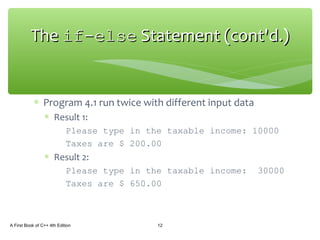∗ Program 4.1 run twice with different input data
∗ Result 1:
Please type in the taxable income: 10000
Taxes are $ 200.00
∗ Result 2:
Please type in the taxable income: 30000
Taxes are $ 650.00
A First Book of C++ 4th Edition 12
TheThe if-elseif-else Statement (cont'd.)Statement (cont'd.)
 