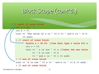 { // start of outer block
int a = 25;
int b = 17;
cout << “The value of a is ” << a << “ and b is ” << b
<< endl;
{ // start of inner block
double a = 46.25; //new data type & value for a
int c = 10;
cout << “ a is now ” << a //takes the new value
<< “ b is now ” << b
<< “ and c is ” << c << endl;
} // end of inner block
cout << “a is now ” << a << “ and b is ” << b << endl;
} // end of outer block
A First Book of C++ 4th Edition 17
Block Scope (cont'd.)Block Scope (cont'd.)
 