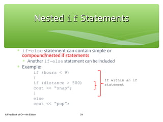∗ if-else statement can contain simple or
compound/nested if statements
∗ Another if-else statement can be included
∗ Example:
if (hours < 9)
{
if (distance > 500)
cout << “snap”;
}
else
cout << “pop”;
A First Book of C++ 4th Edition 24
NestedNested ifif StatementsStatements
If within an if
statement
 