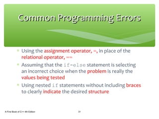 ∗ Using the assignment operator, =, in place of the
relational operator, ==
∗ Assuming that the if-else statement is selecting
an incorrect choice when the problem is really the
values being tested
∗ Using nested if statements without including braces
to clearly indicate the desired structure
A First Book of C++ 4th Edition 31
Common Programming ErrorsCommon Programming Errors
 