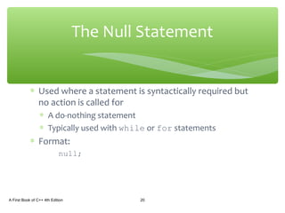 ∗ Used where a statement is syntactically required but
no action is called for
∗ A do-nothing statement
∗ Typically used with while or for statements
∗ Format:
null;
A First Book of C++ 4th Edition 20
The Null Statement
 