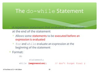 ∗ A repetition statement that evaluates an expression
at the end of the statement
∗ Allows some statements to be executed before an
expression is evaluated
∗ for and while evaluate an expression at the
beginning of the statement
∗ Format:
do
statement;
while (expression); // don’t forget final ;
A First Book of C++ 4th Edition 35
The do-while Statement
 
