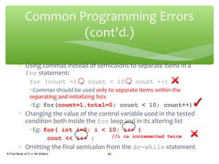 ∗ Using commas instead of semicolons to separate items in a
for statement:
for (count =1 , count < 10 , count ++)
∗Commas should be used only to separate items within the
separating and initializing lists
∗Eg: for(count=1,total=0; count < 10; count++)
∗ Changing the value of the control variable used in the tested
condition both inside the for loop and in its altering list
∗Eg: for( int i=0; i < 10; i++ )
cout << i++ ;
∗ Omitting the final semicolon from the do-while statement
A First Book of C++ 4th Edition 40
Common Programming Errors
(cont'd.)
//i is incremented twice
 