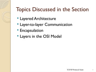TCP/IP Protocol Suite 9
Topics Discussed in the Section
 Layered Architecture
 Layer-to-layer Communication
 Encapsulation
 Layers in the OSI Model
 