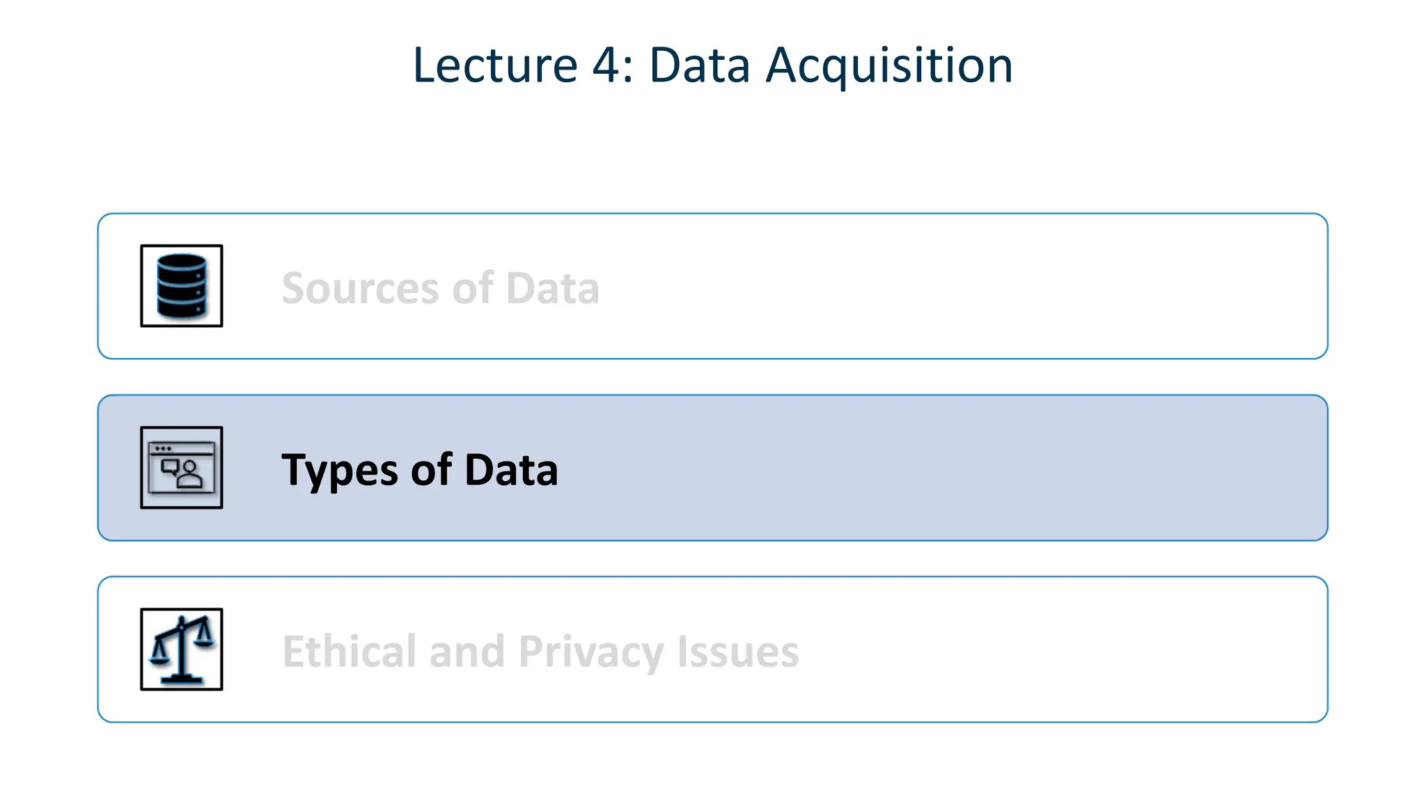 Sources of Data
Types of Data
Ethical and Privacy Issues
Lecture 4: Data Acquisition
 