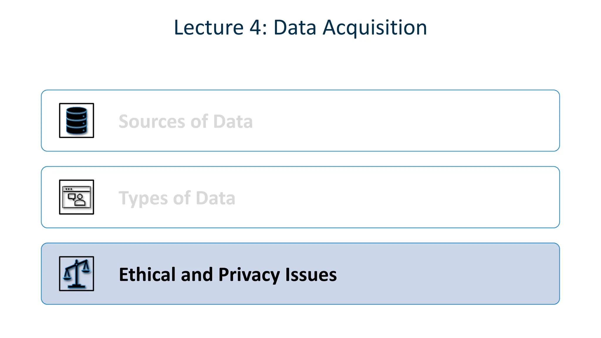 Sources of Data
Types of Data
Ethical and Privacy Issues
Lecture 4: Data Acquisition
 