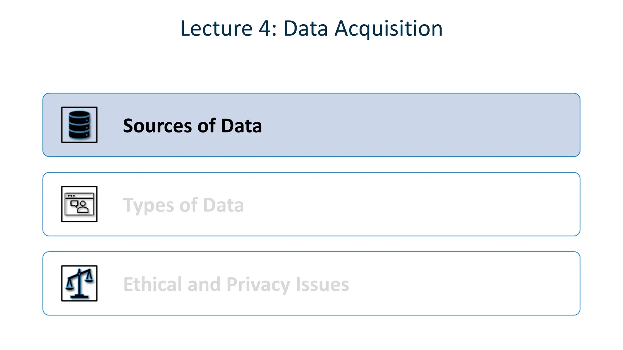 Sources of Data
Types of Data
Ethical and Privacy Issues
Lecture 4: Data Acquisition
 