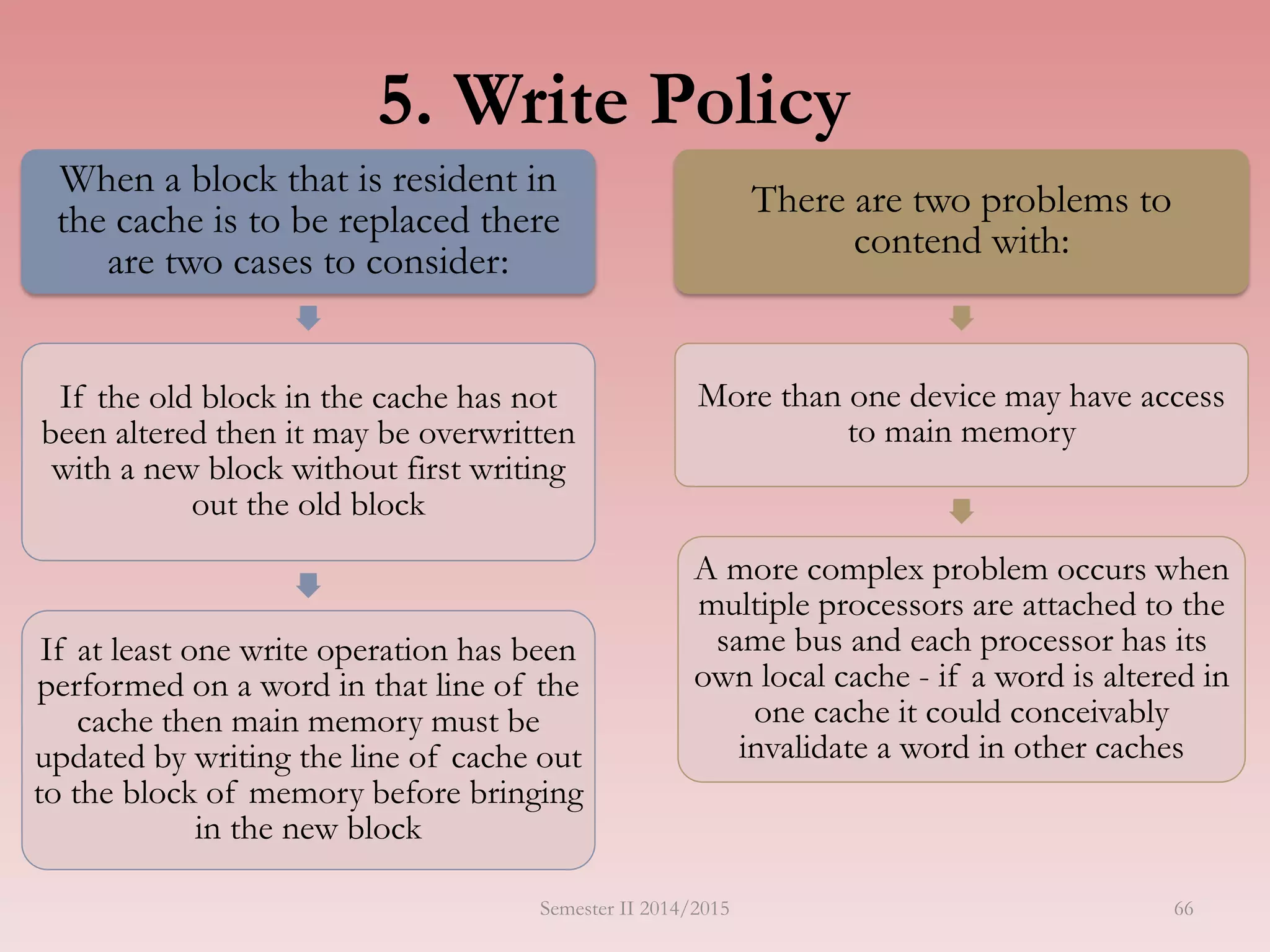 When a block that is resident in
the cache is to be replaced there
are two cases to consider:
If the old block in the cache has not
been altered then it may be overwritten
with a new block without first writing
out the old block
If at least one write operation has been
performed on a word in that line of the
cache then main memory must be
updated by writing the line of cache out
to the block of memory before bringing
in the new block
There are two problems to
contend with:
More than one device may have access
to main memory
A more complex problem occurs when
multiple processors are attached to the
same bus and each processor has its
own local cache - if a word is altered in
one cache it could conceivably
invalidate a word in other caches
5. Write Policy
Semester II 2014/2015 66
 