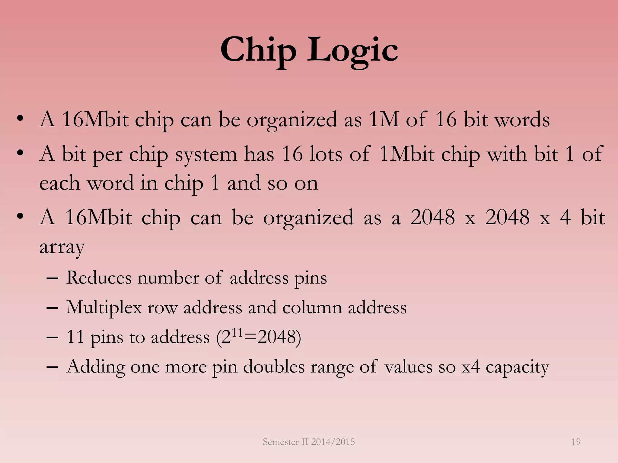 • A 16Mbit chip can be organized as 1M of 16 bit words
• A bit per chip system has 16 lots of 1Mbit chip with bit 1 of
each word in chip 1 and so on
• A 16Mbit chip can be organized as a 2048 x 2048 x 4 bit
array
– Reduces number of address pins
– Multiplex row address and column address
– 11 pins to address (211=2048)
– Adding one more pin doubles range of values so x4 capacity
Chip Logic
Semester II 2014/2015 19
 