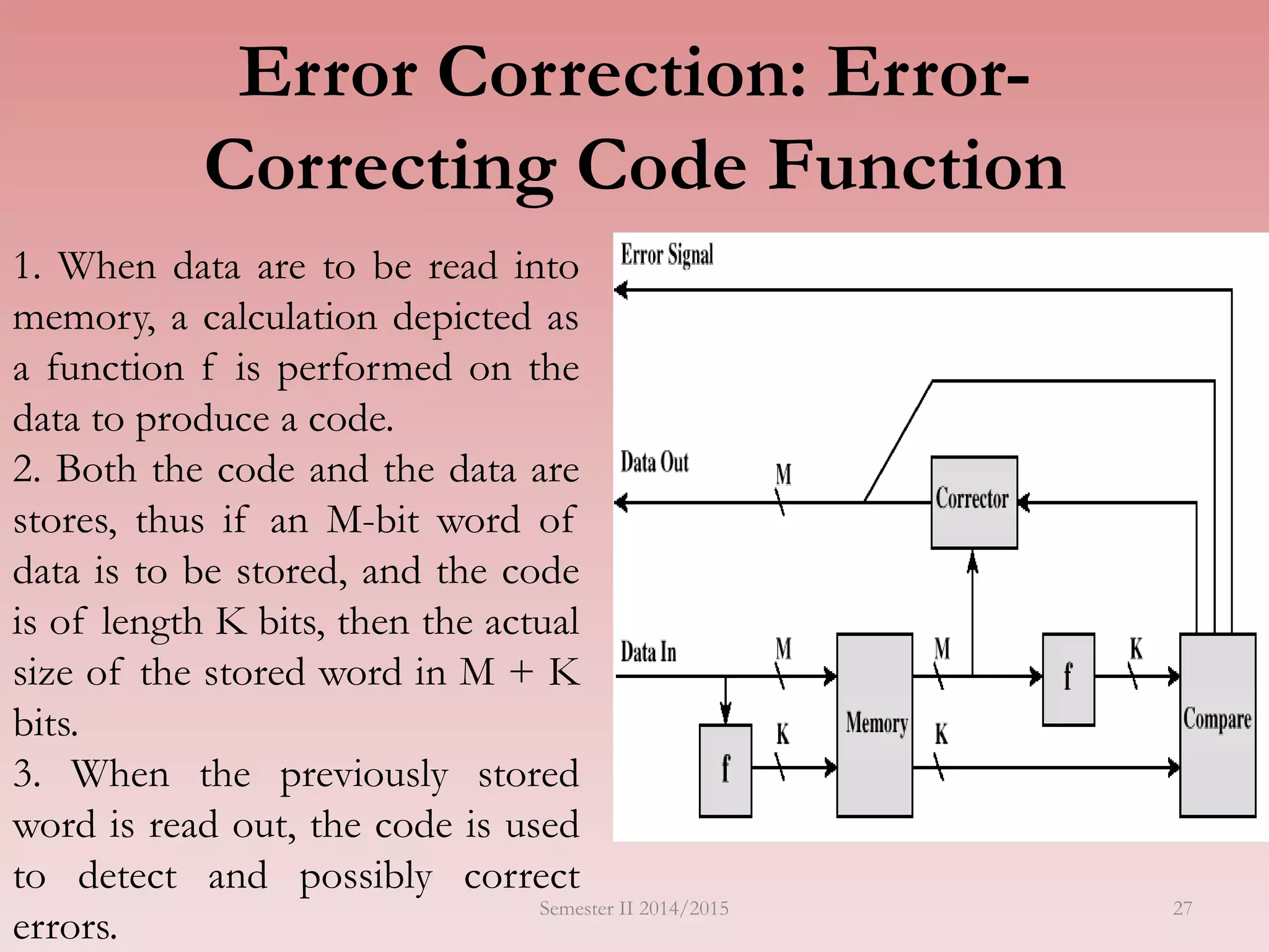 27
Error Correction: Error-
Correcting Code Function
1. When data are to be read into
memory, a calculation depicted as
a function f is performed on the
data to produce a code.
2. Both the code and the data are
stores, thus if an M-bit word of
data is to be stored, and the code
is of length K bits, then the actual
size of the stored word in M + K
bits.
3. When the previously stored
word is read out, the code is used
to detect and possibly correct
errors.
Semester II 2014/2015
 