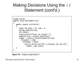 Making Decisions Using the if
              Statement (cont'd.)




Microsoft Visual C# 2010: Fourth Edition   15
 