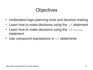 Objectives
• Understand logic-planning tools and decision making
• Learn how to make decisions using the if statement
• Learn how to make decisions using the if-else
  statement
• Use compound expressions in if statements




Microsoft Visual C# 2010: Fourth Edition           2
 
