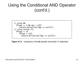 Using the Conditional AND Operator
                (cont'd.)




Microsoft Visual C# 2010: Fourth Edition   21
 