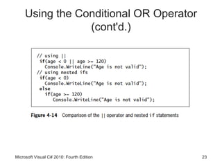Using the Conditional OR Operator
                 (cont'd.)




Microsoft Visual C# 2010: Fourth Edition   23
 