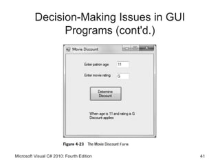 Decision-Making Issues in GUI
                Programs (cont'd.)




Microsoft Visual C# 2010: Fourth Edition   41
 