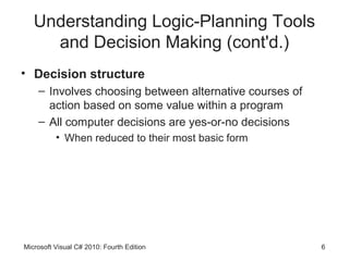 Understanding Logic-Planning Tools
     and Decision Making (cont'd.)
• Decision structure
    – Involves choosing between alternative courses of
      action based on some value within a program
    – All computer decisions are yes-or-no decisions
          • When reduced to their most basic form




Microsoft Visual C# 2010: Fourth Edition                 6
 
