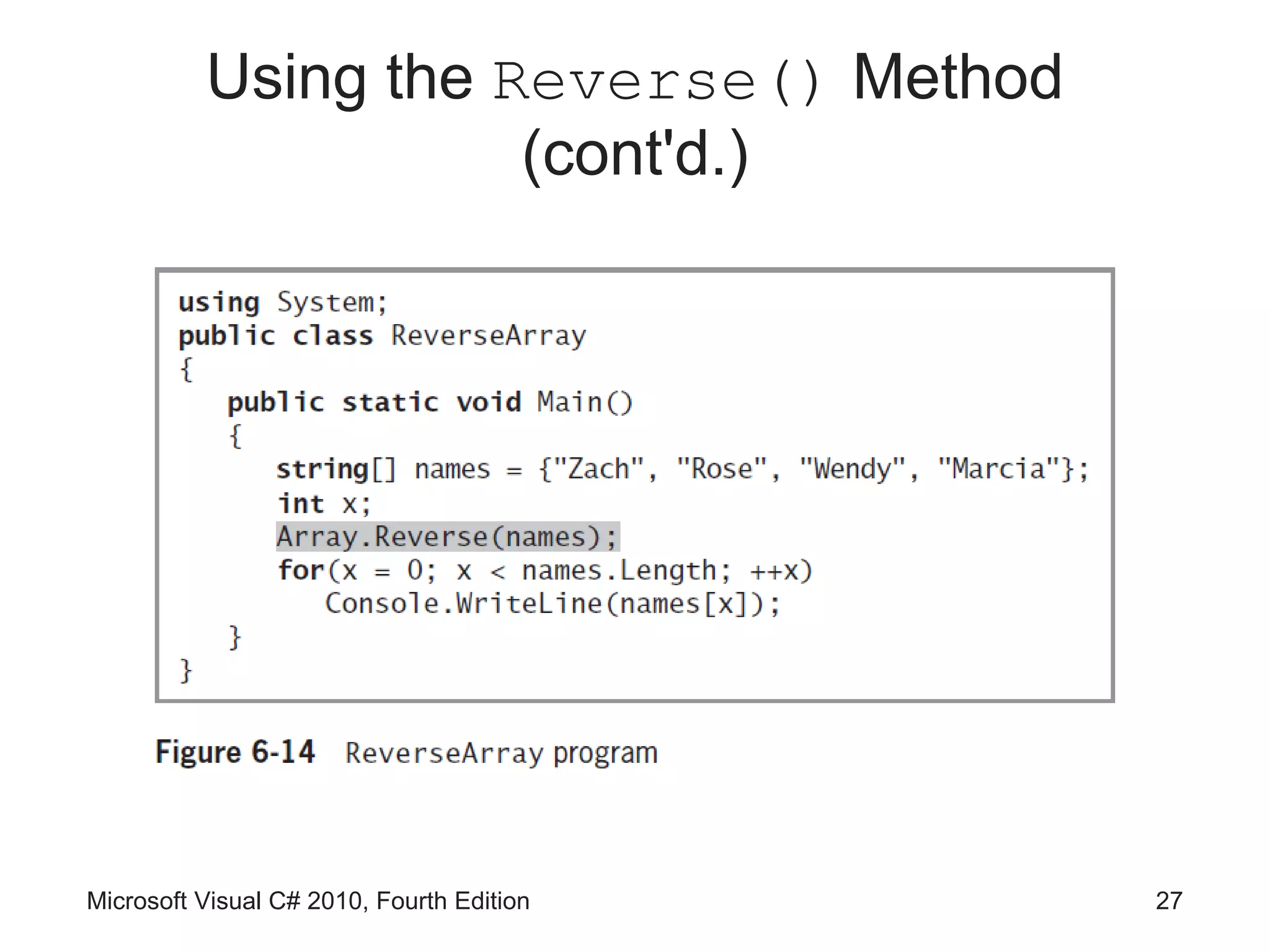 Using the Reverse() Method
                     (cont'd.)




Microsoft Visual C# 2010, Fourth Edition   27
 