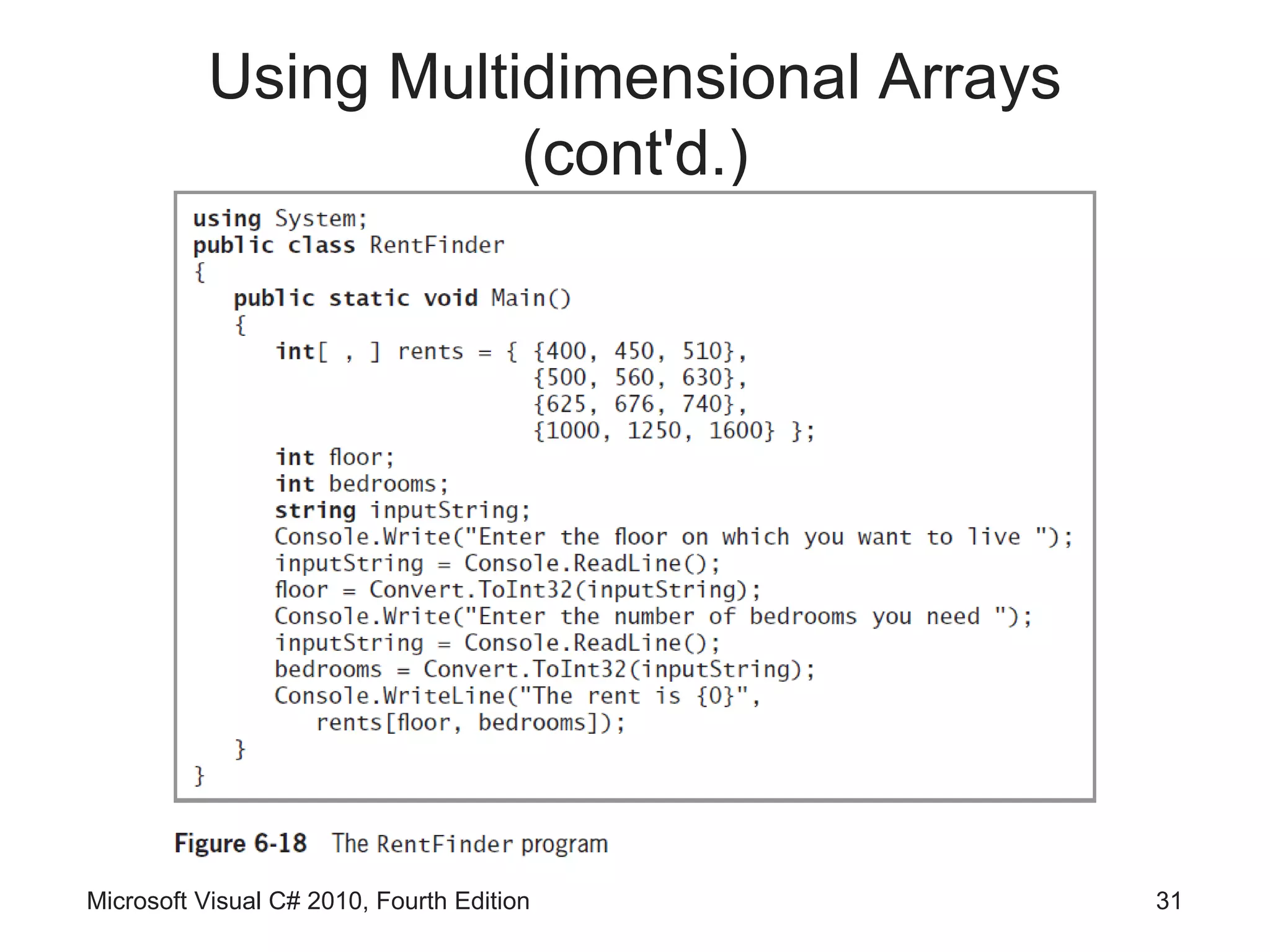 Using Multidimensional Arrays
                     (cont'd.)




Microsoft Visual C# 2010, Fourth Edition   31
 
