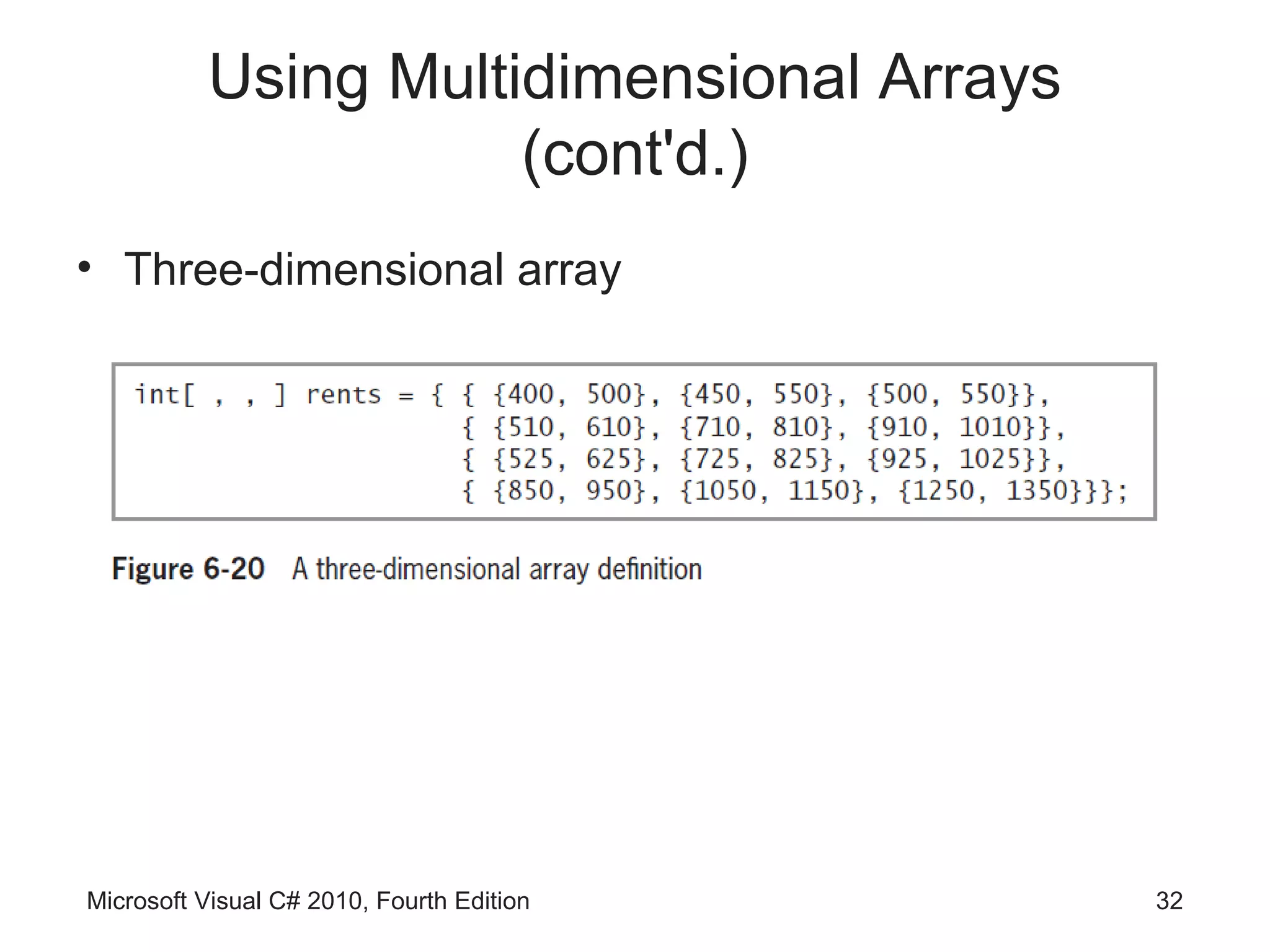 Using Multidimensional Arrays
                     (cont'd.)
• Three-dimensional array




Microsoft Visual C# 2010, Fourth Edition   32
 