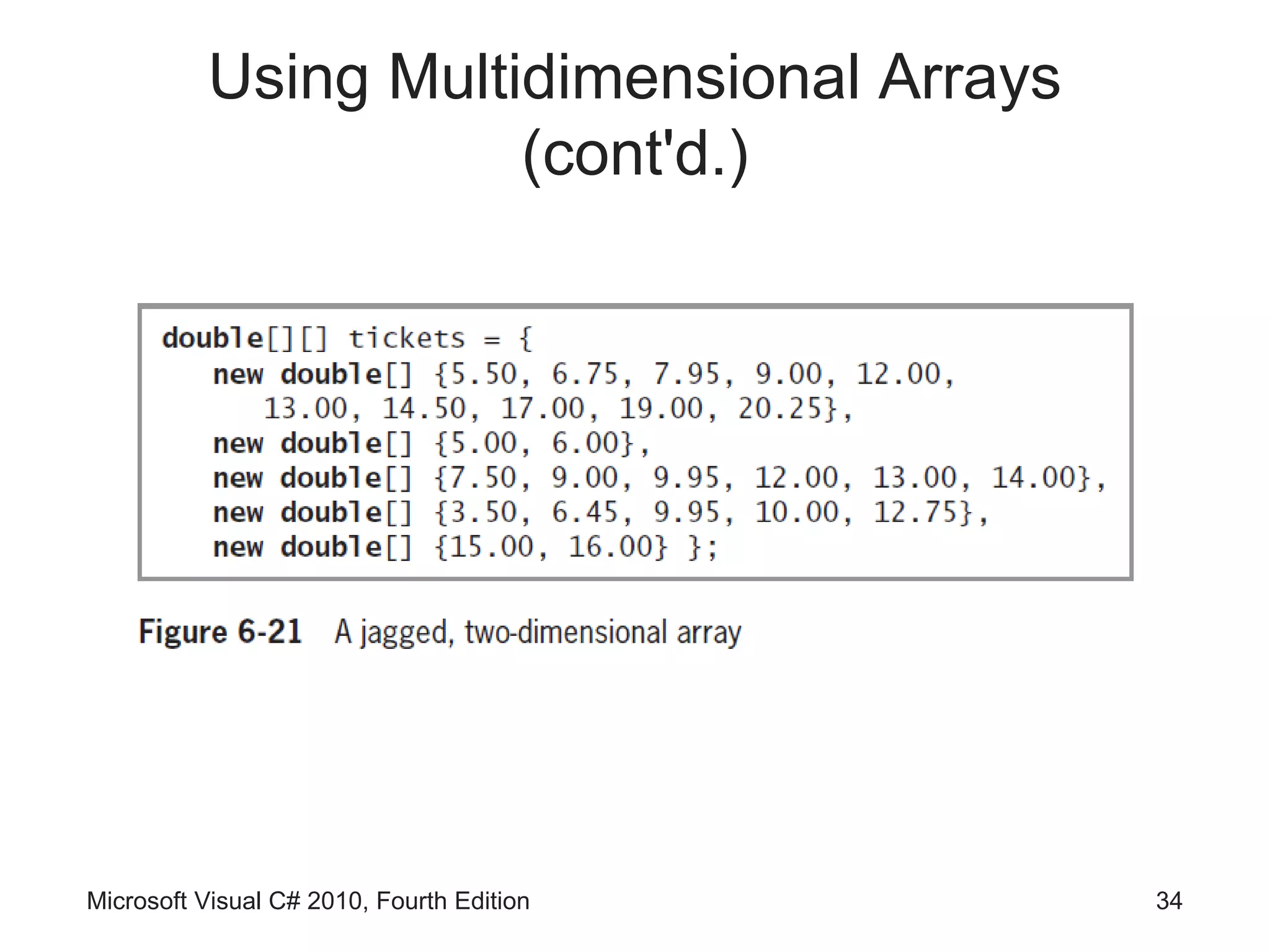 Using Multidimensional Arrays
                     (cont'd.)




Microsoft Visual C# 2010, Fourth Edition   34
 