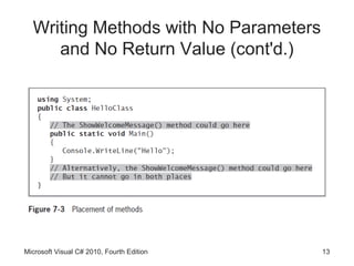 Writing Methods with No Parameters
     and No Return Value (cont'd.)




Microsoft Visual C# 2010, Fourth Edition   13
 