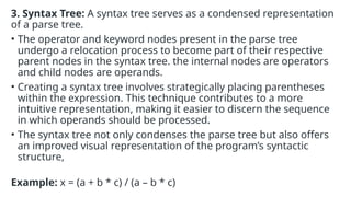 3. Syntax Tree: A syntax tree serves as a condensed representation
of a parse tree.
• The operator and keyword nodes present in the parse tree
undergo a relocation process to become part of their respective
parent nodes in the syntax tree. the internal nodes are operators
and child nodes are operands.
• Creating a syntax tree involves strategically placing parentheses
within the expression. This technique contributes to a more
intuitive representation, making it easier to discern the sequence
in which operands should be processed.
• The syntax tree not only condenses the parse tree but also offers
an improved visual representation of the program’s syntactic
structure,
Example: x = (a + b * c) / (a – b * c)
 