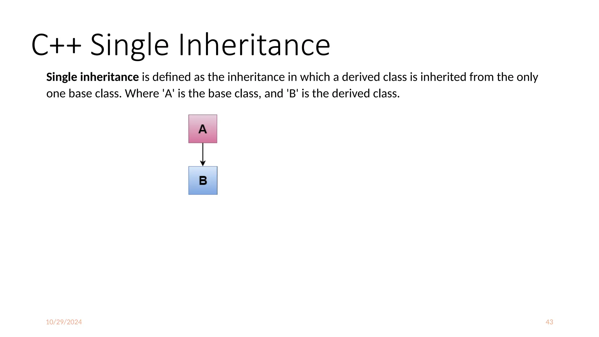 10/29/2024 43
C++ Single Inheritance
Single inheritance is defined as the inheritance in which a derived class is inherited from the only
one base class. Where 'A' is the base class, and 'B' is the derived class.
 