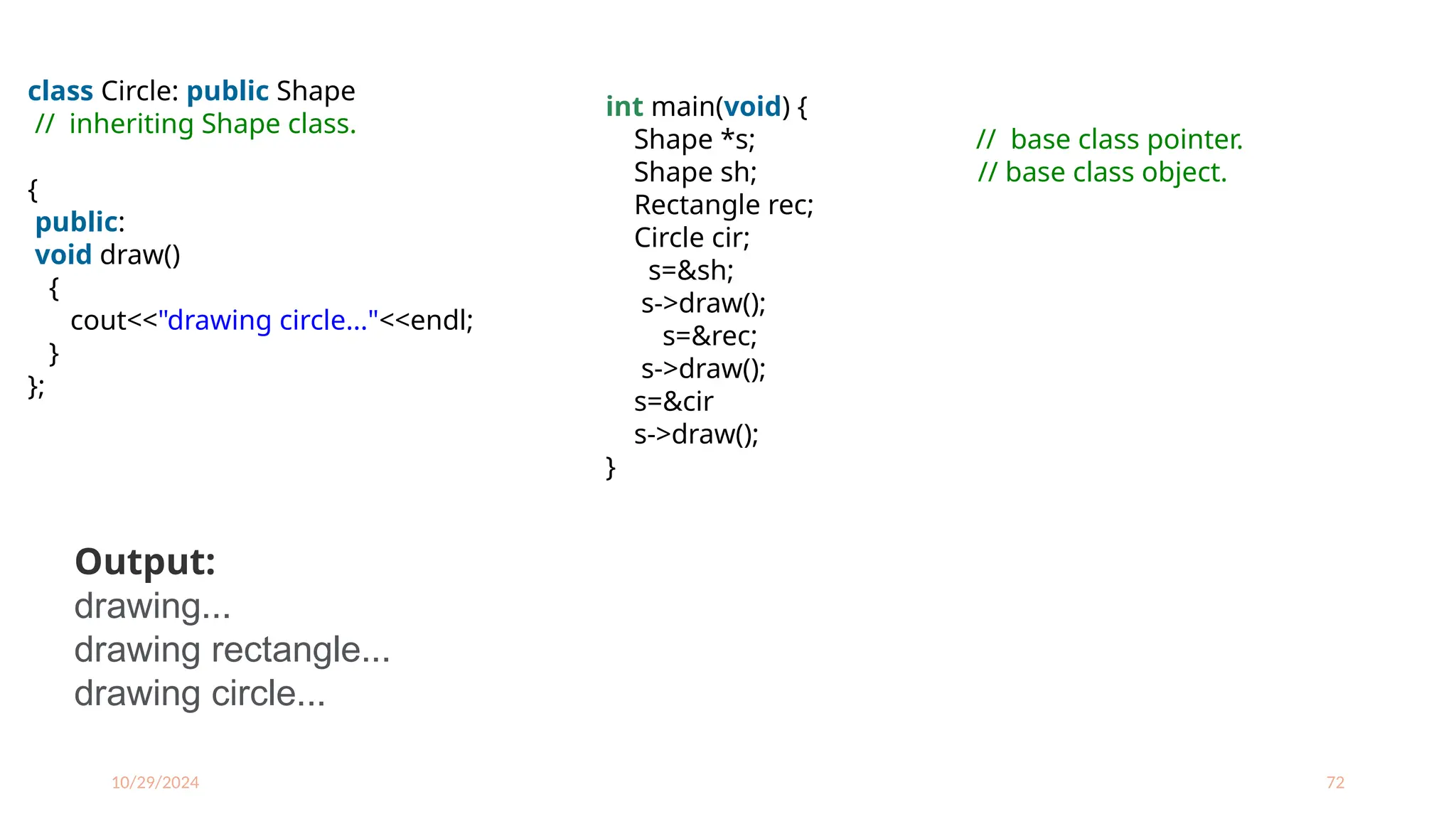 10/29/2024 72
class Circle: public Shape
// inheriting Shape class.
{
public:
void draw()
{
cout<<"drawing circle..."<<endl;
}
};
int main(void) {
Shape *s; // base class pointer.
Shape sh; // base class object.
Rectangle rec;
Circle cir;
s=&sh;
s->draw();
s=&rec;
s->draw();
s=&cir
s->draw();
}
Output:
drawing...
drawing rectangle...
drawing circle...
 