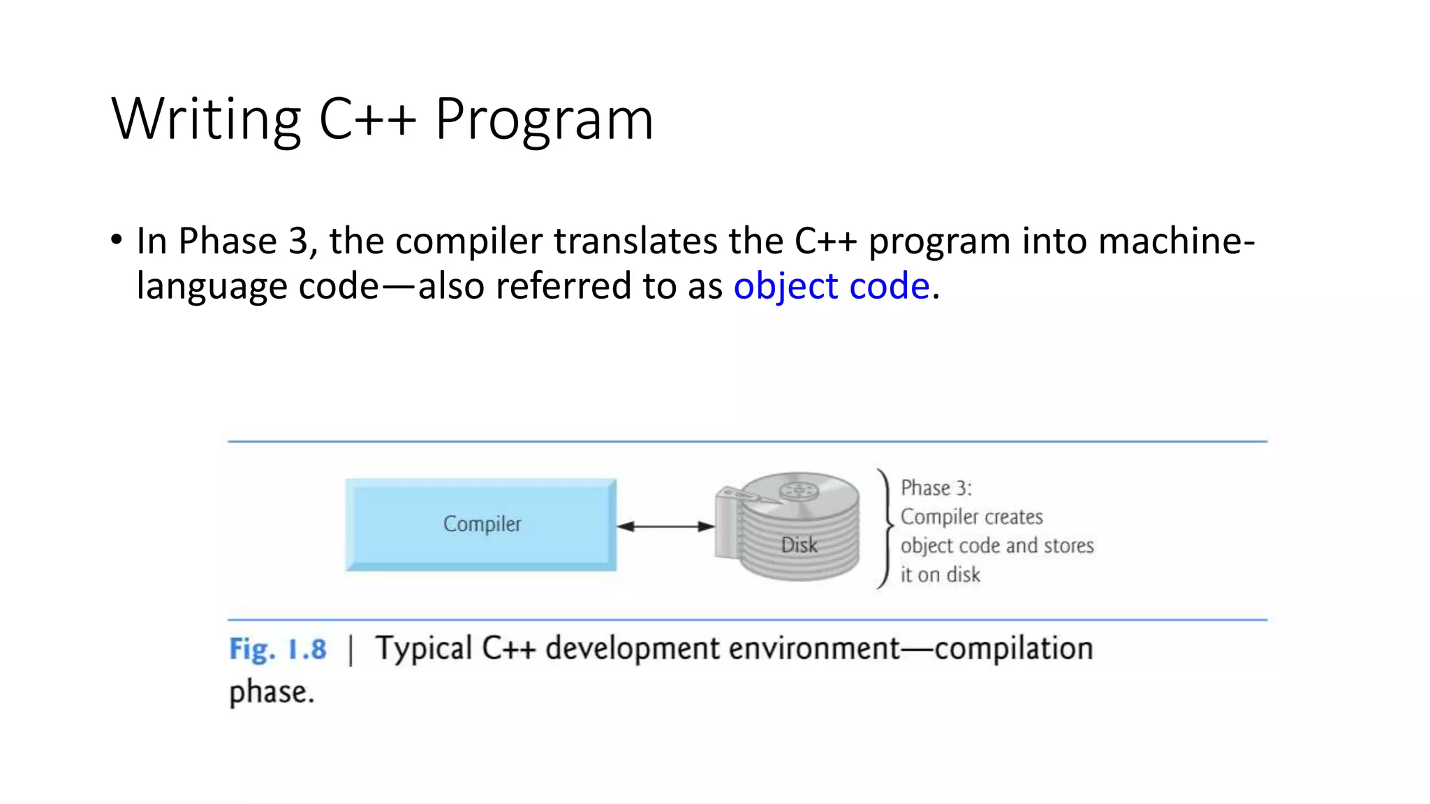 Writing C++ Program
• In Phase 3, the compiler translates the C++ program into machine-
language code—also referred to as object code.
 