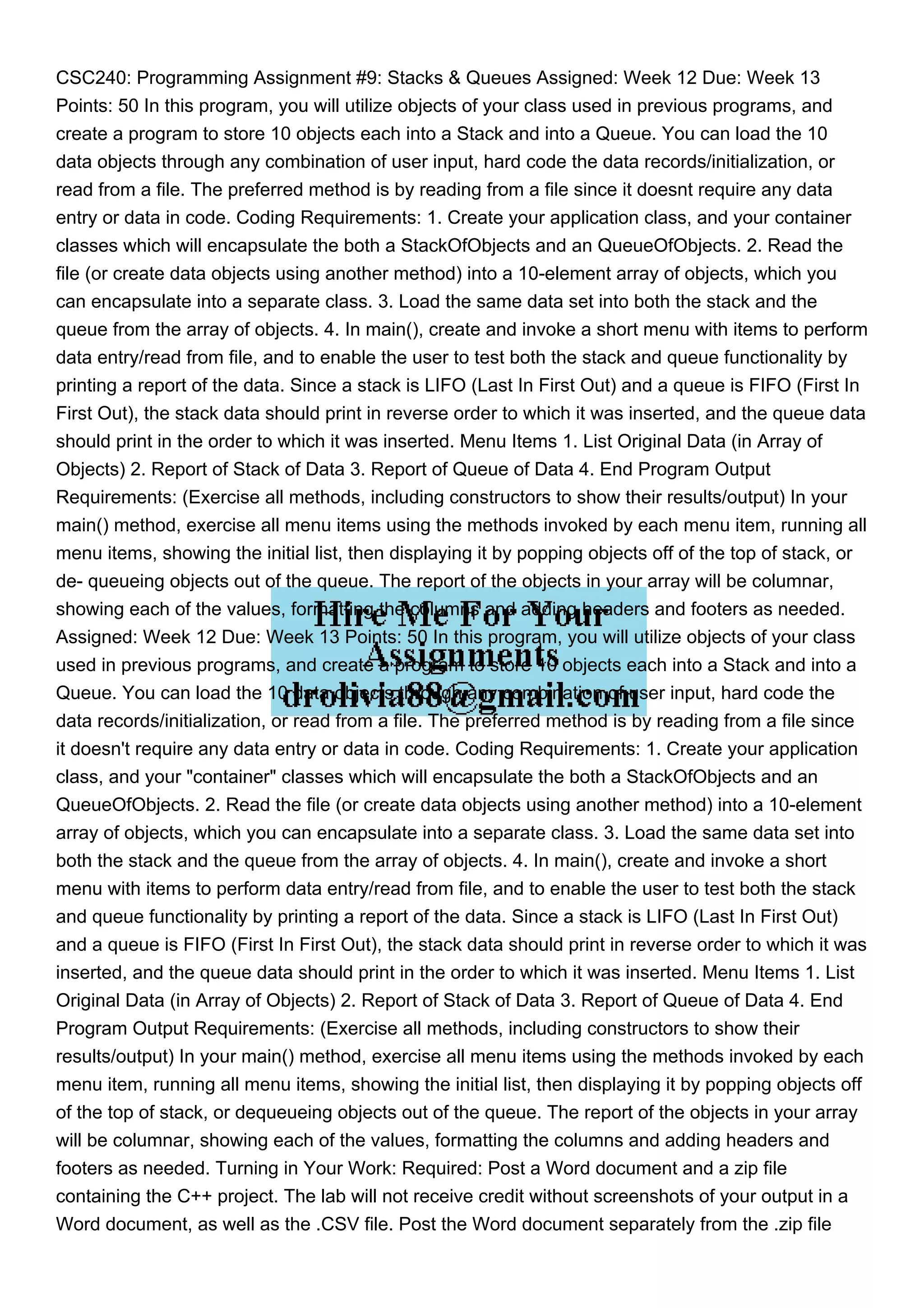 CSC240 Programming Assignment 9 Stacks amp Queues Assig.pdf