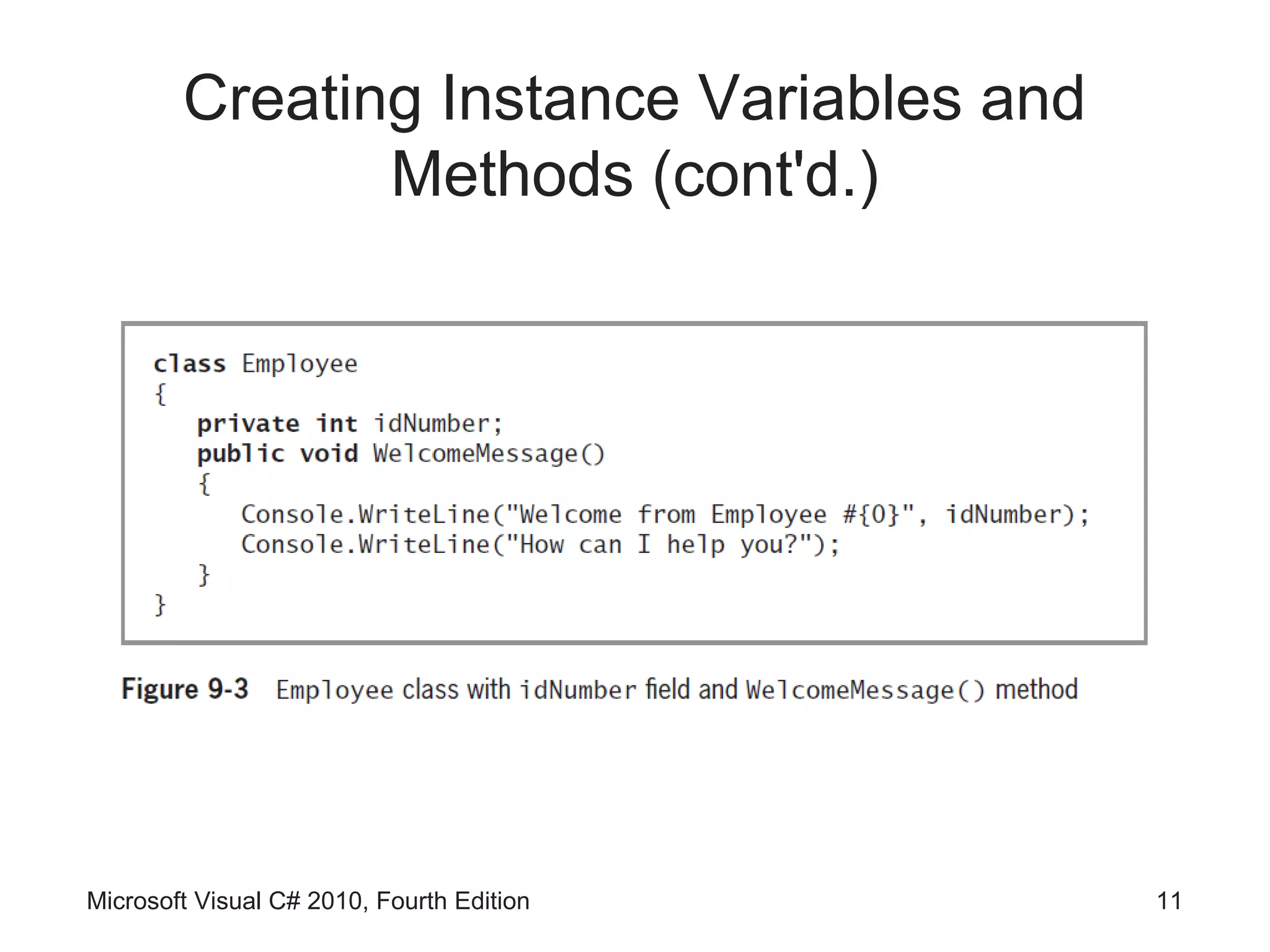 Creating Instance Variables and
               Methods (cont'd.)




Microsoft Visual C# 2010, Fourth Edition   11
 
