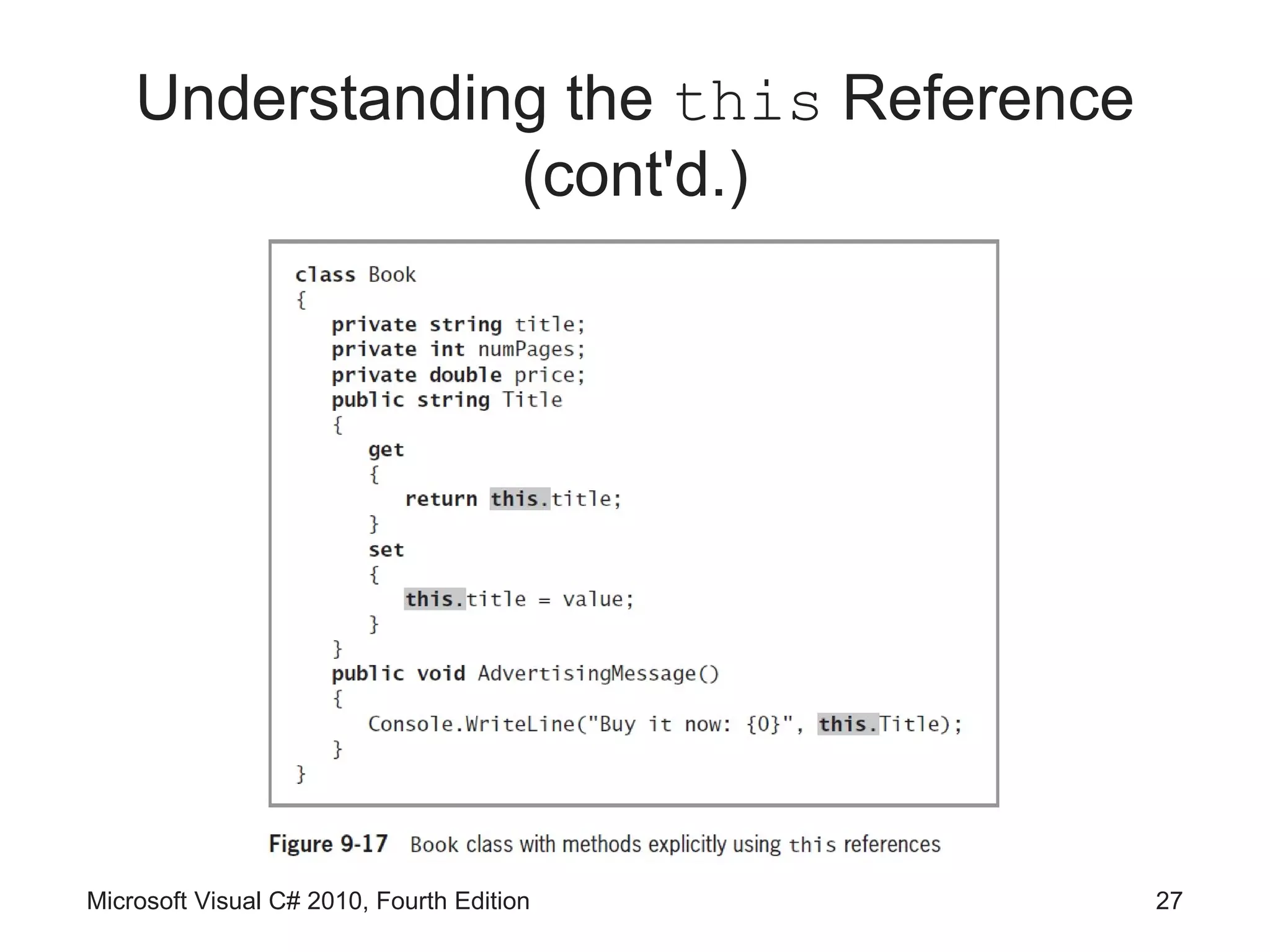 Understanding the this Reference
                (cont'd.)




Microsoft Visual C# 2010, Fourth Edition   27
 