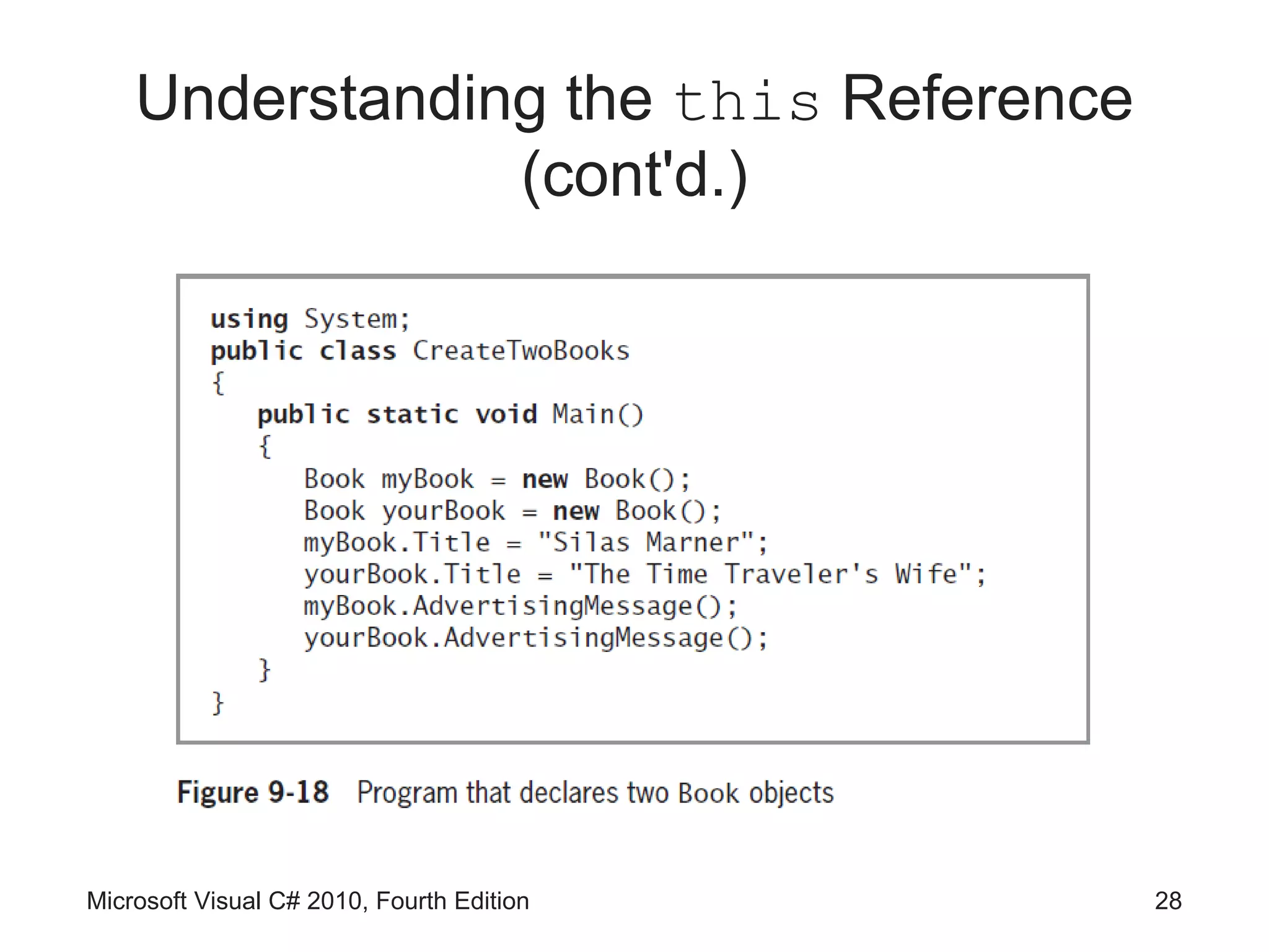 Understanding the this Reference
                (cont'd.)




Microsoft Visual C# 2010, Fourth Edition   28
 
