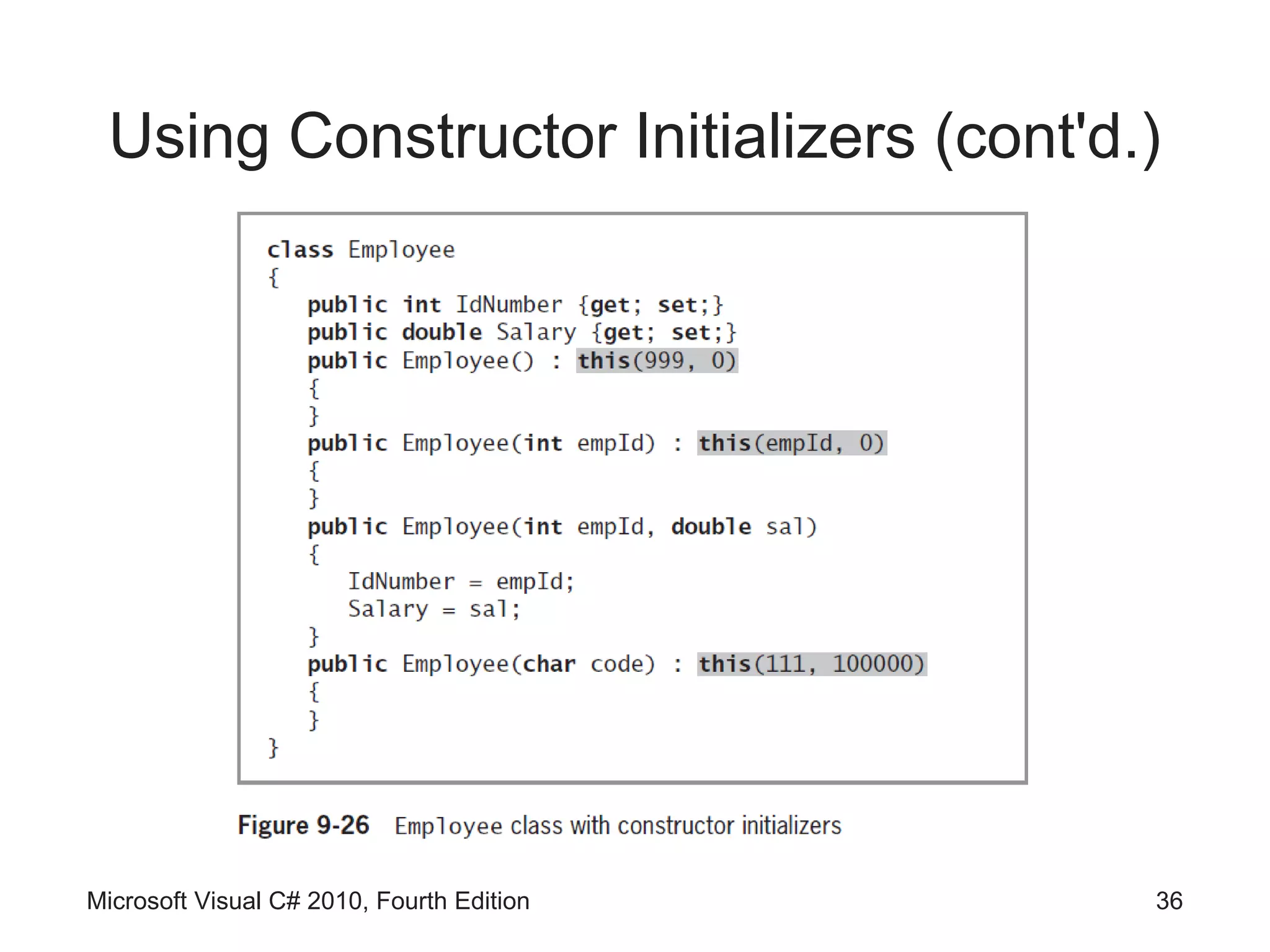 Using Constructor Initializers (cont'd.)




Microsoft Visual C# 2010, Fourth Edition   36
 
