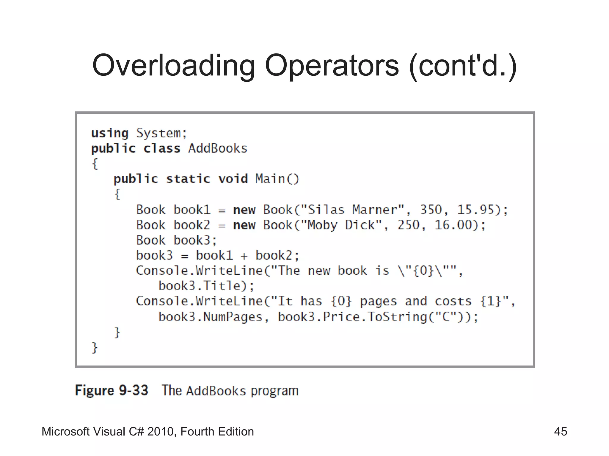 Overloading Operators (cont'd.)




Microsoft Visual C# 2010, Fourth Edition   45
 