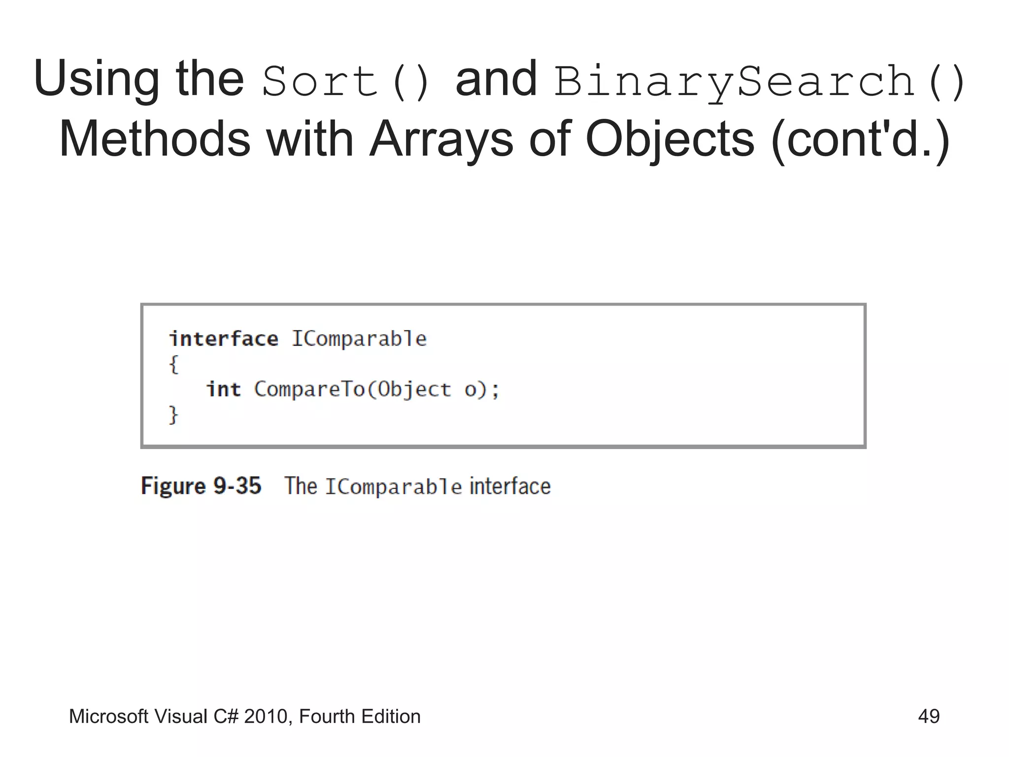 Using the Sort() and BinarySearch()
 Methods with Arrays of Objects (cont'd.)




 Microsoft Visual C# 2010, Fourth Edition   49
 