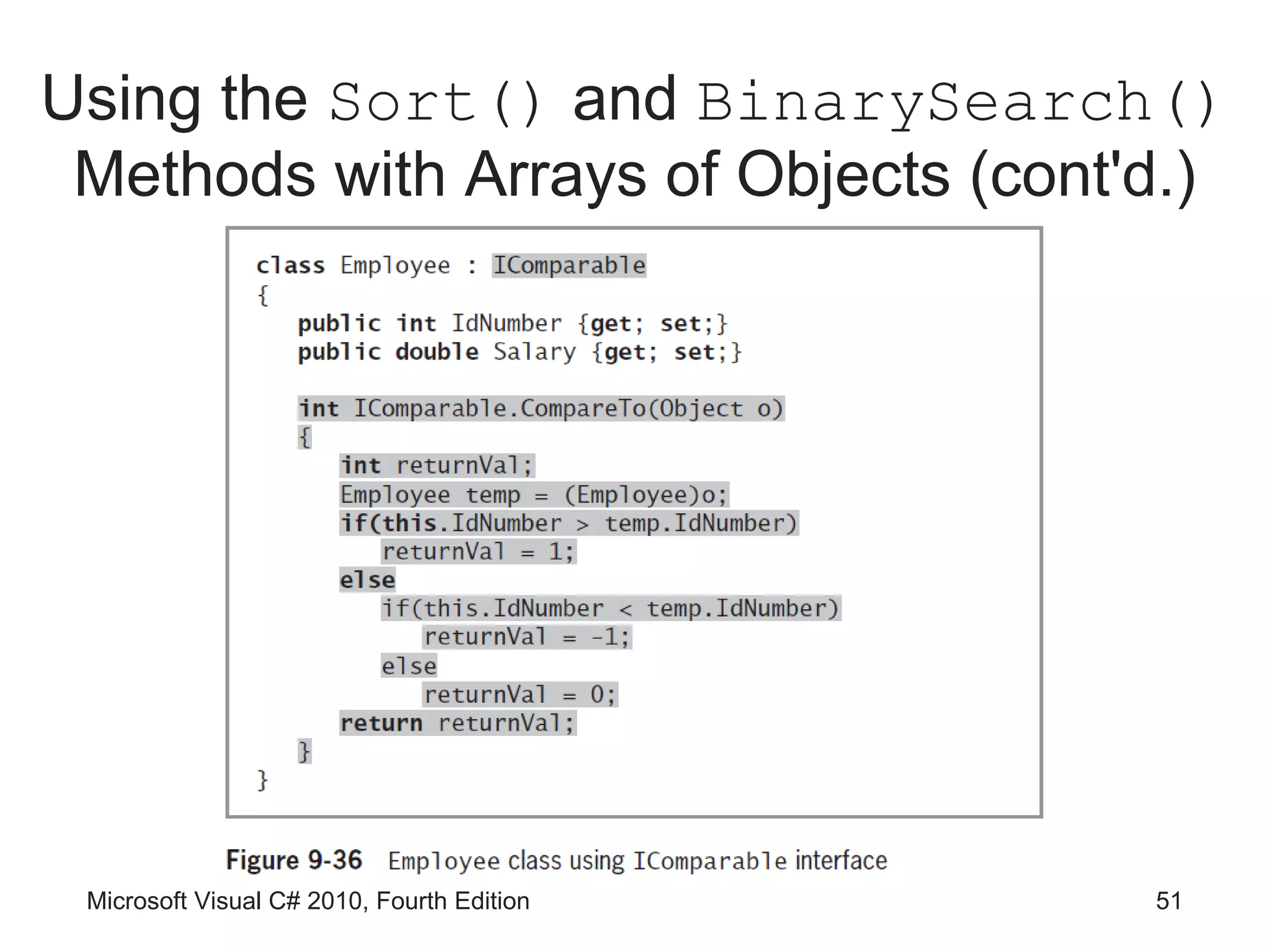 Using the Sort() and BinarySearch()
 Methods with Arrays of Objects (cont'd.)




 Microsoft Visual C# 2010, Fourth Edition   51
 