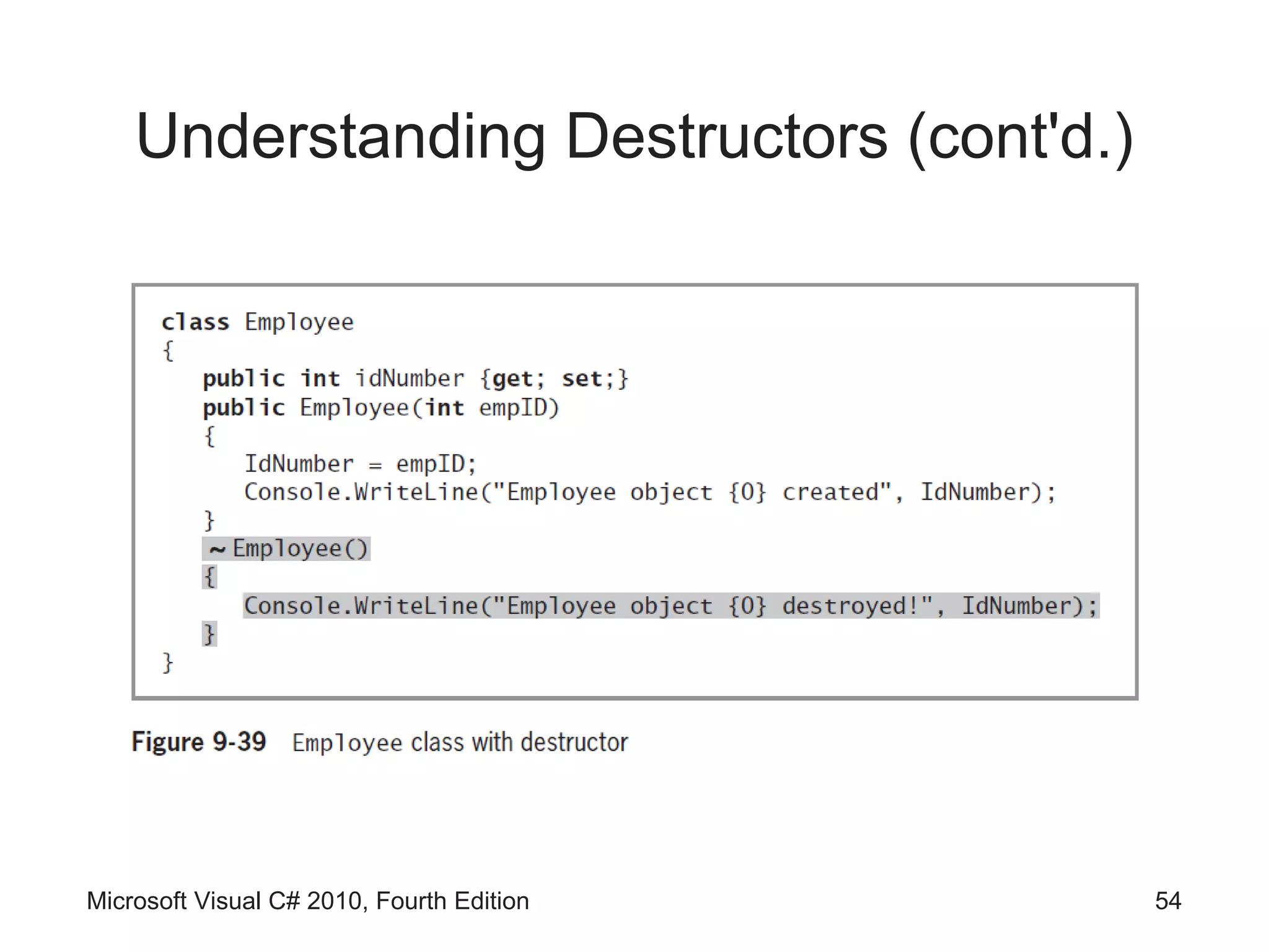 Understanding Destructors (cont'd.)




Microsoft Visual C# 2010, Fourth Edition   54
 