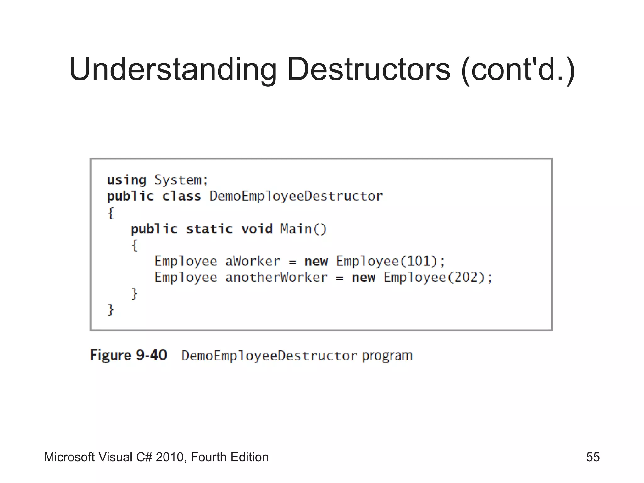 Understanding Destructors (cont'd.)




Microsoft Visual C# 2010, Fourth Edition   55
 