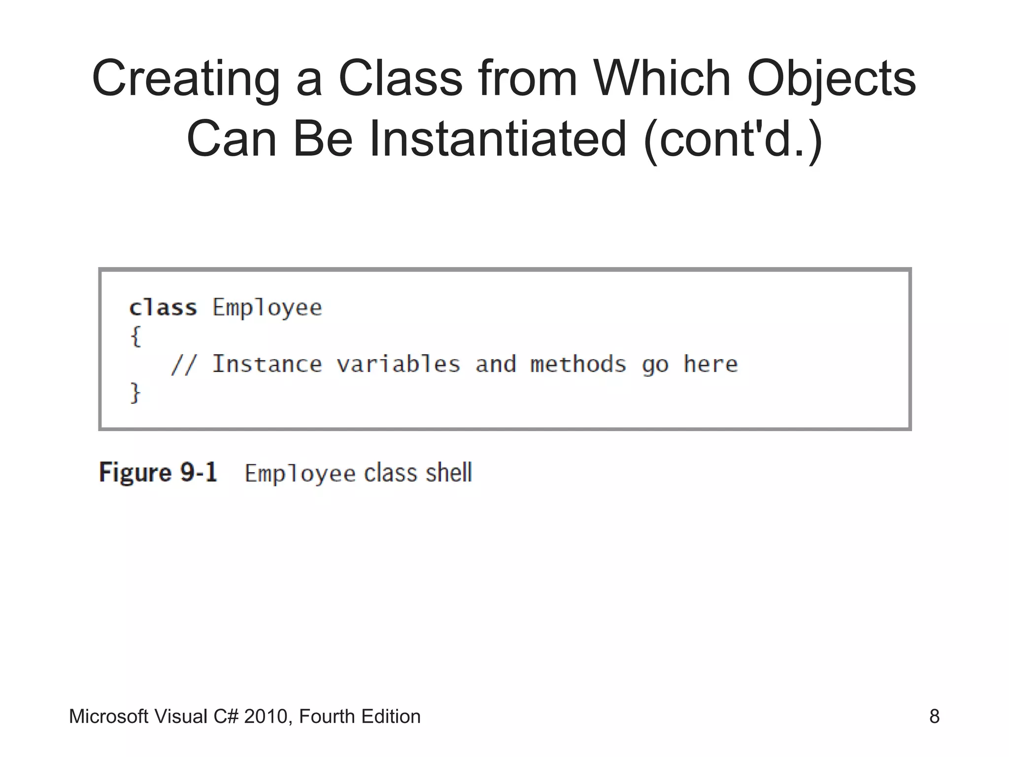 Creating a Class from Which Objects
     Can Be Instantiated (cont'd.)




Microsoft Visual C# 2010, Fourth Edition   8
 